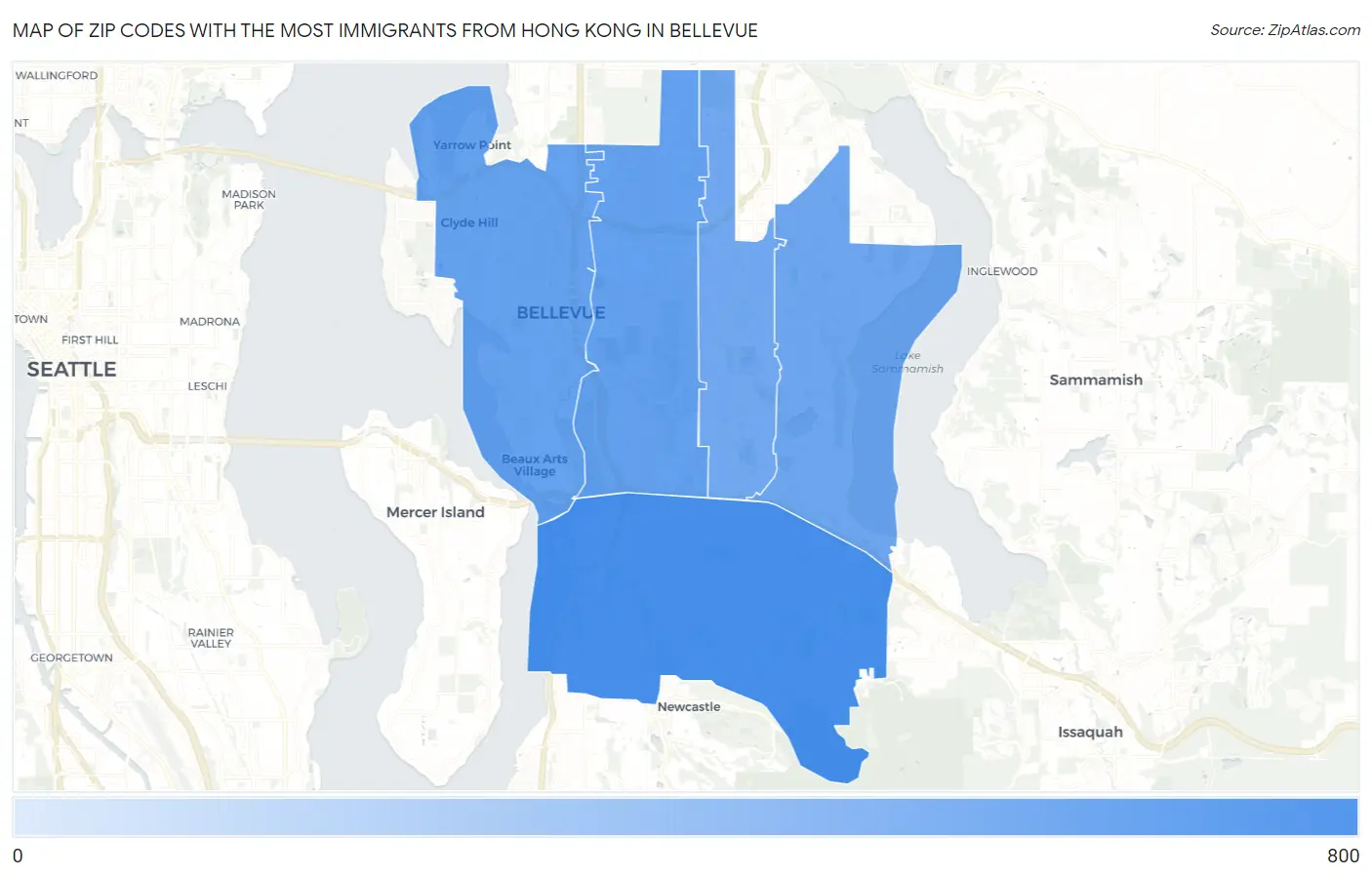 Zip Codes with the Most Immigrants from Hong Kong in Bellevue Map