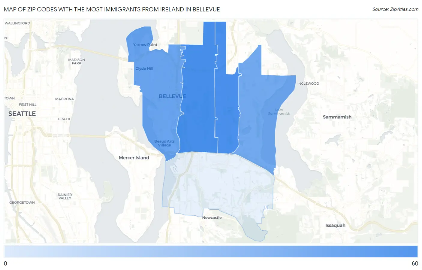 Zip Codes with the Most Immigrants from Ireland in Bellevue Map
