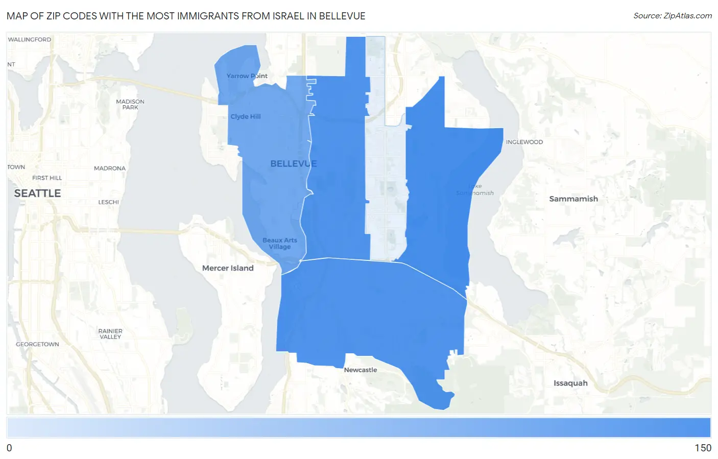 Zip Codes with the Most Immigrants from Israel in Bellevue Map