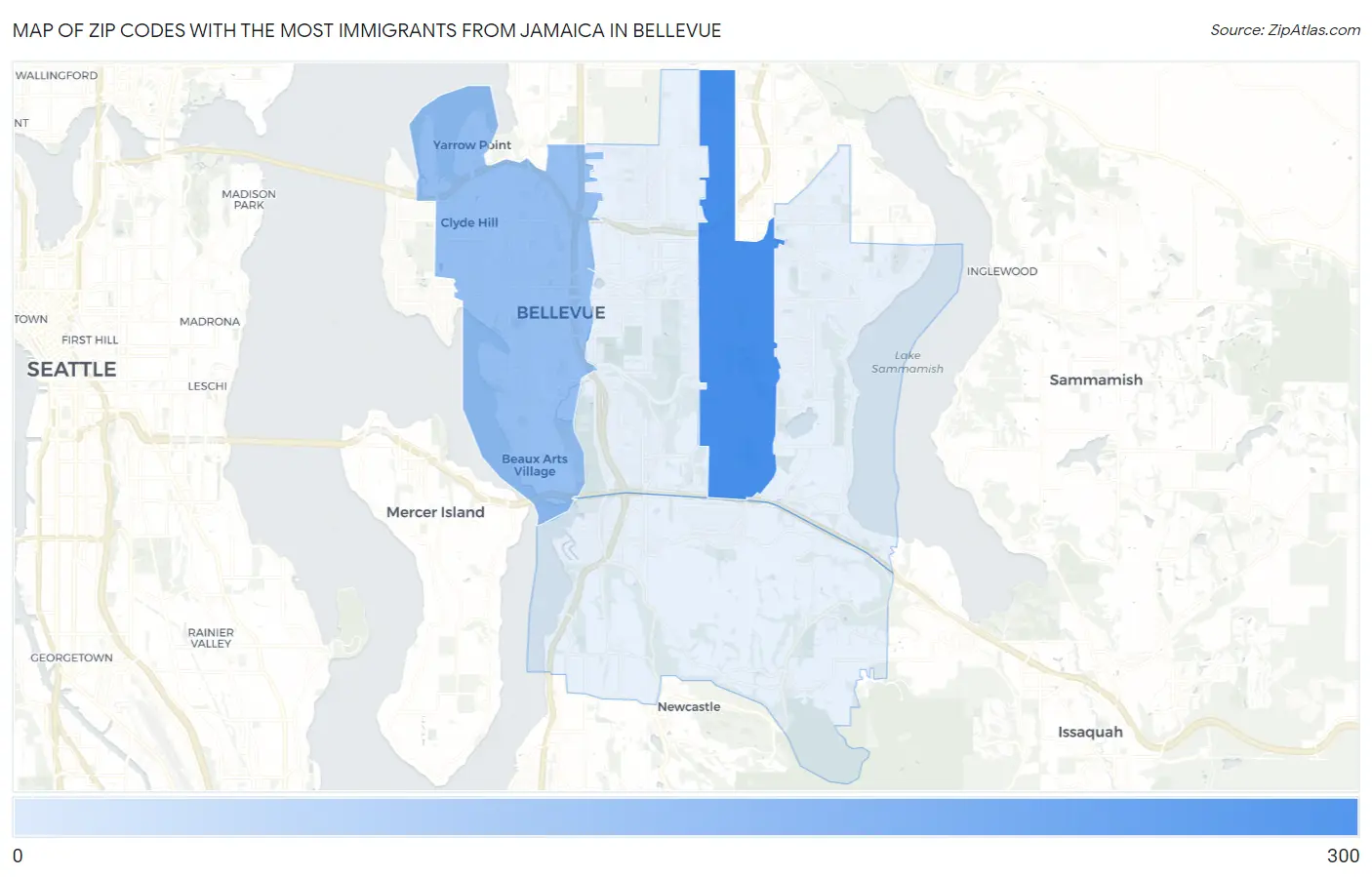 Zip Codes with the Most Immigrants from Jamaica in Bellevue Map