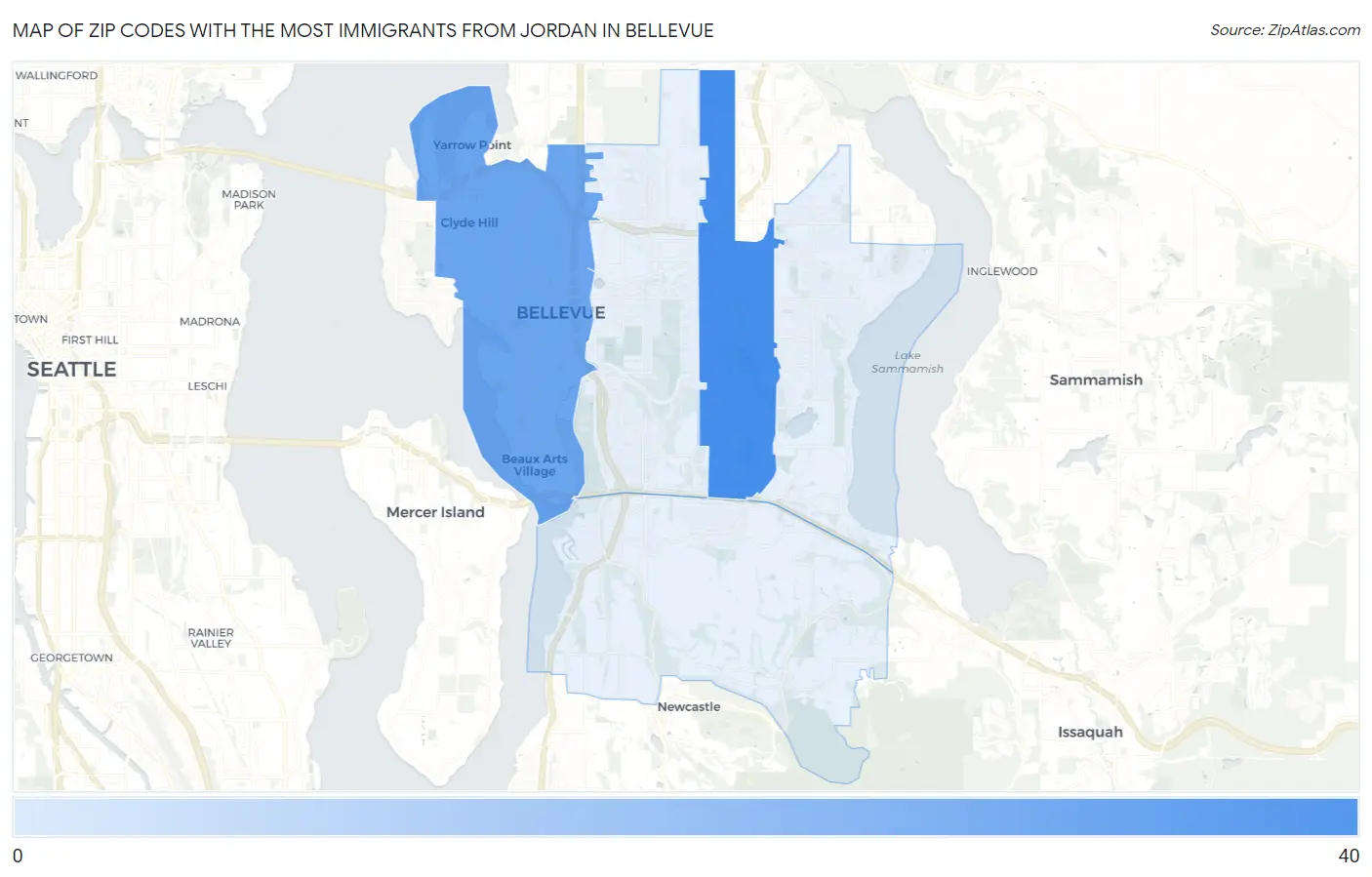 Zip Codes with the Most Immigrants from Jordan in Bellevue Map