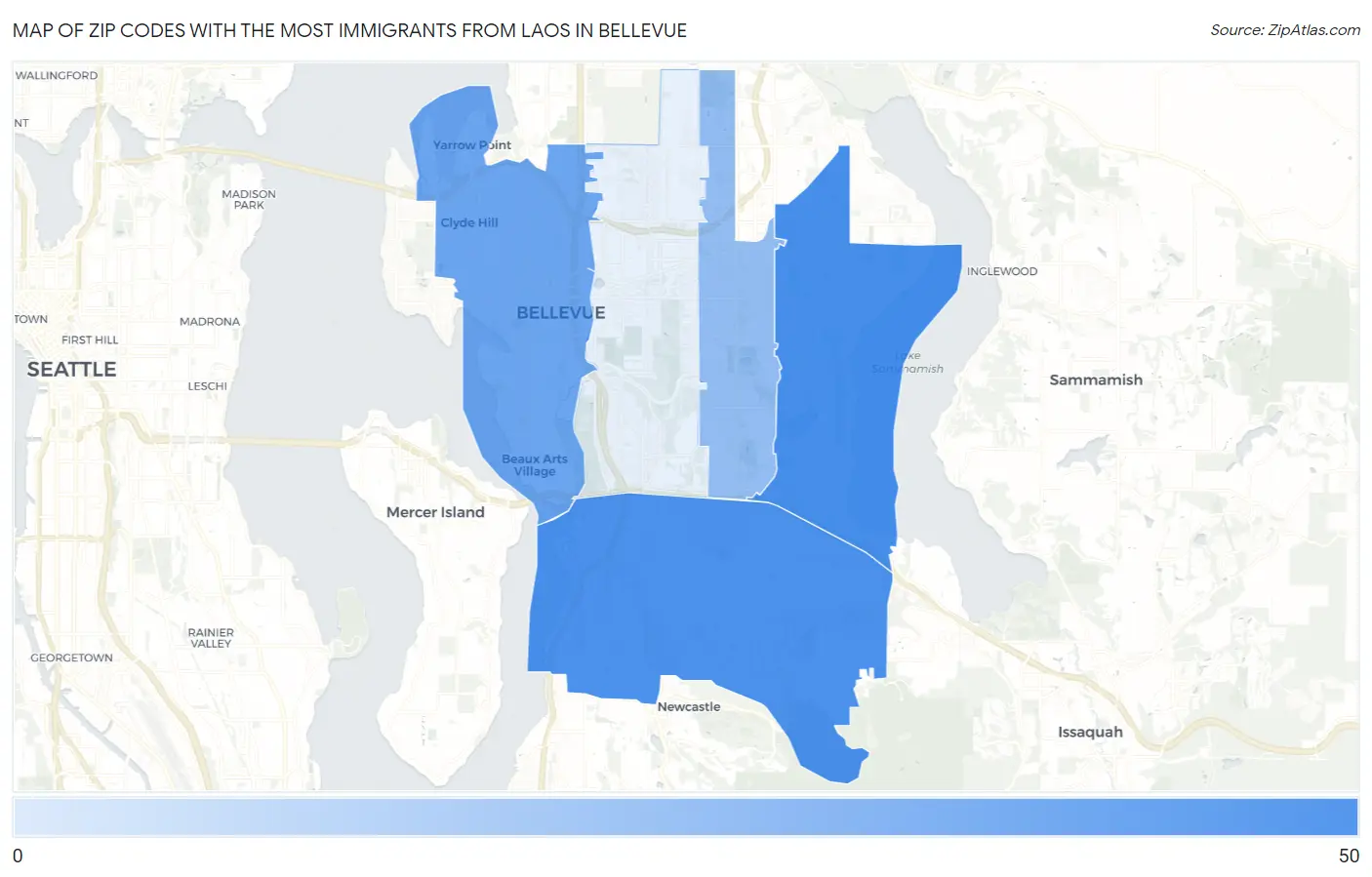 Zip Codes with the Most Immigrants from Laos in Bellevue Map