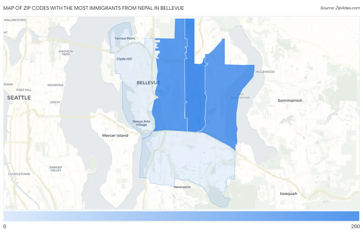 Zip Codes with the Most Immigrants from Nepal in Bellevue Map