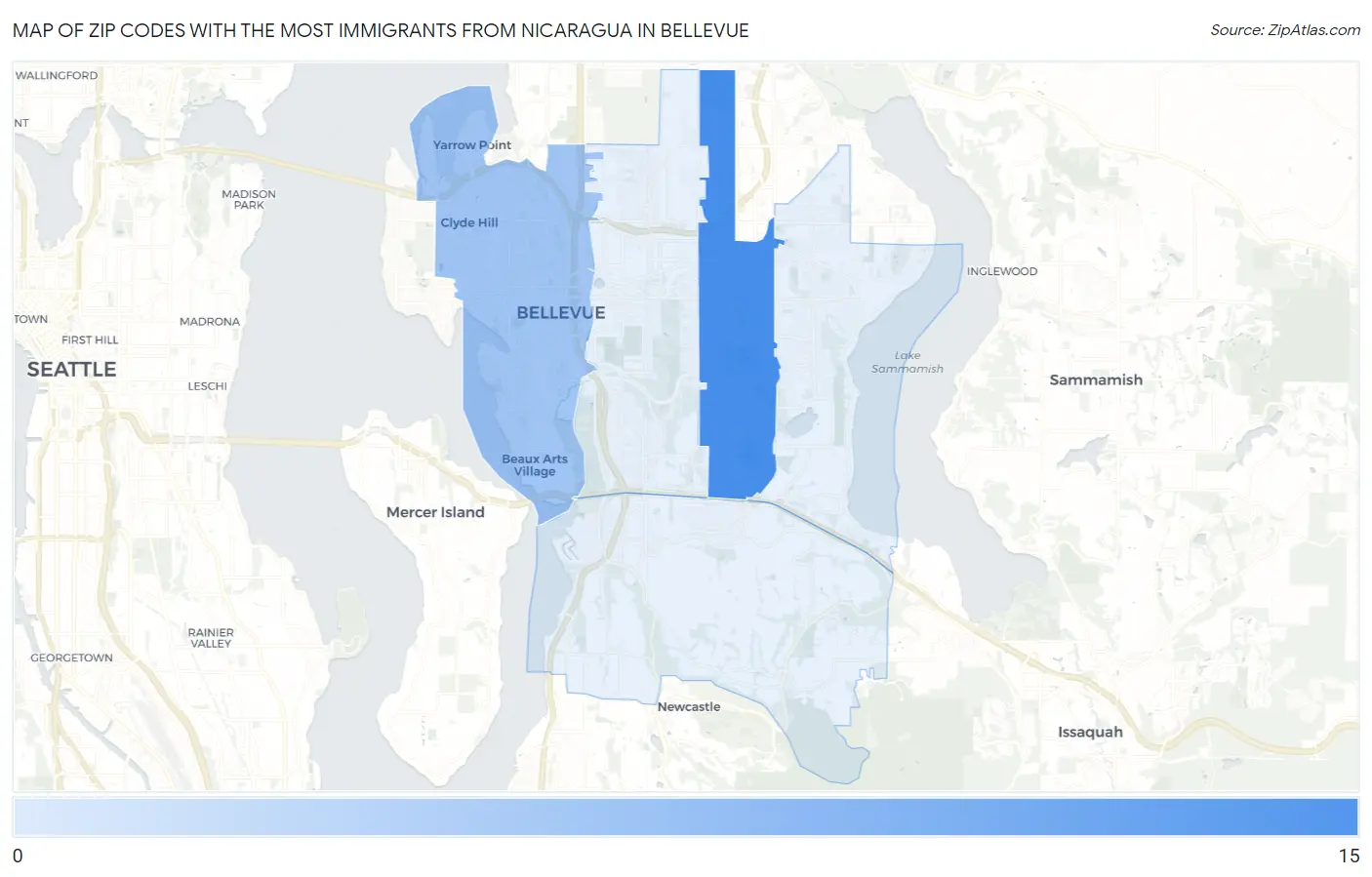 Zip Codes with the Most Immigrants from Nicaragua in Bellevue Map