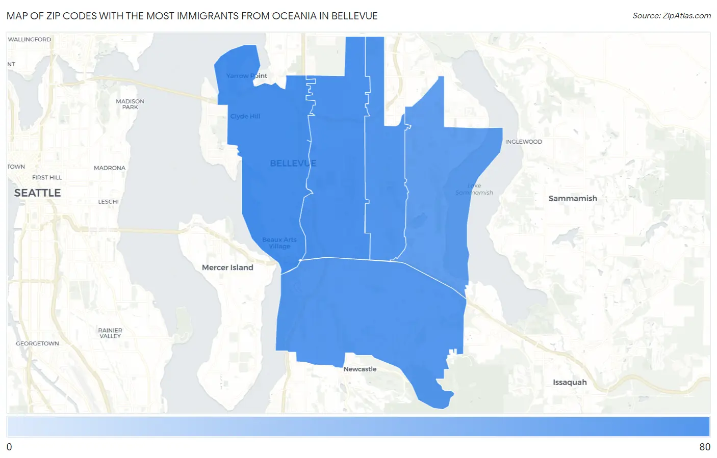 Zip Codes with the Most Immigrants from Oceania in Bellevue Map
