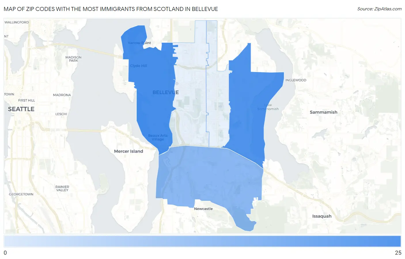 Zip Codes with the Most Immigrants from Scotland in Bellevue Map