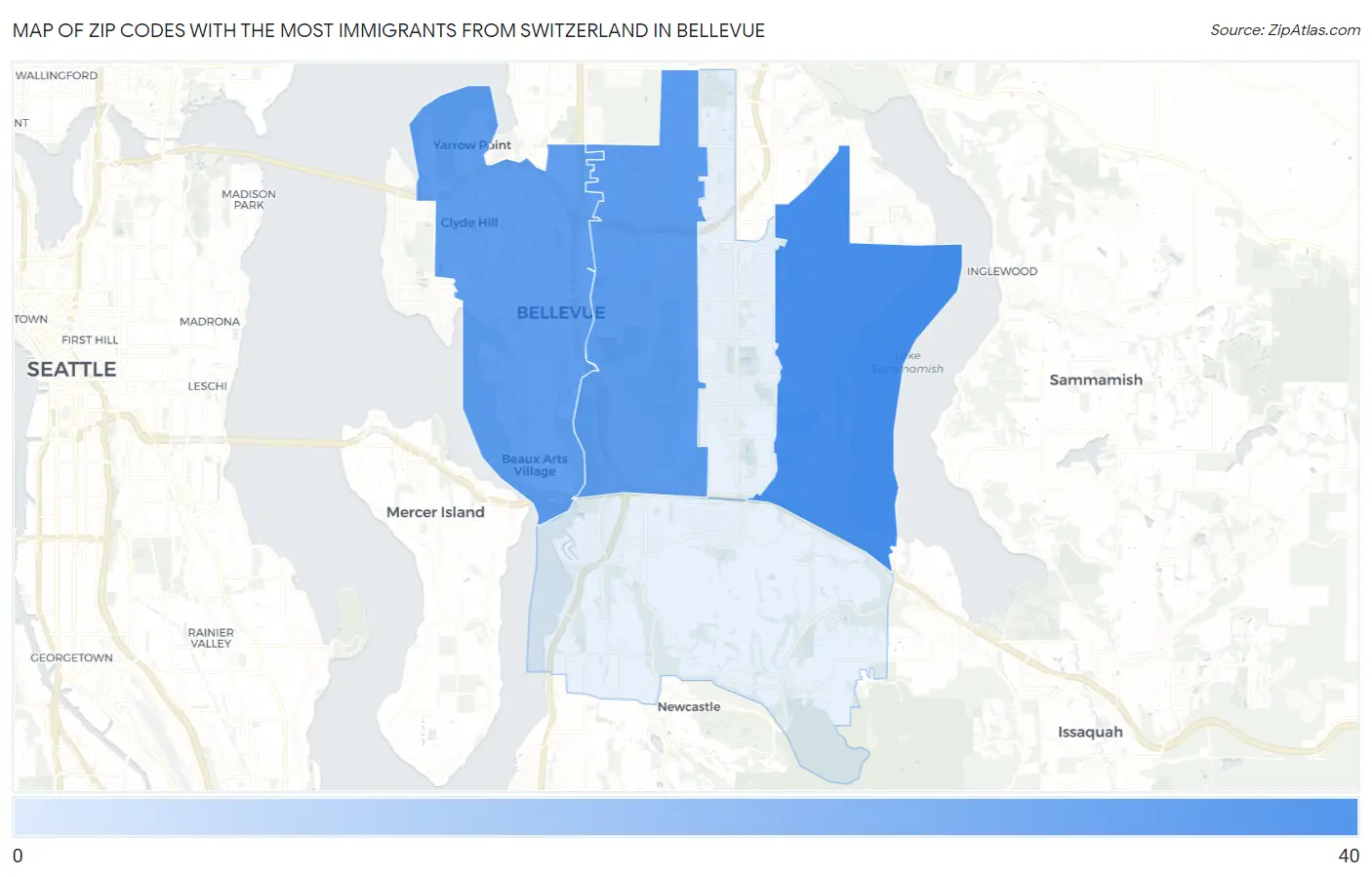Zip Codes with the Most Immigrants from Switzerland in Bellevue Map