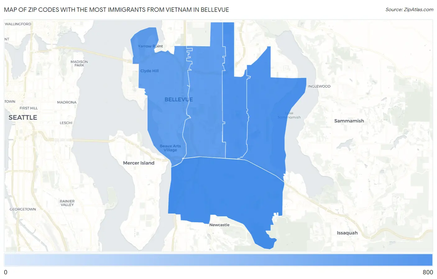 Zip Codes with the Most Immigrants from Vietnam in Bellevue Map