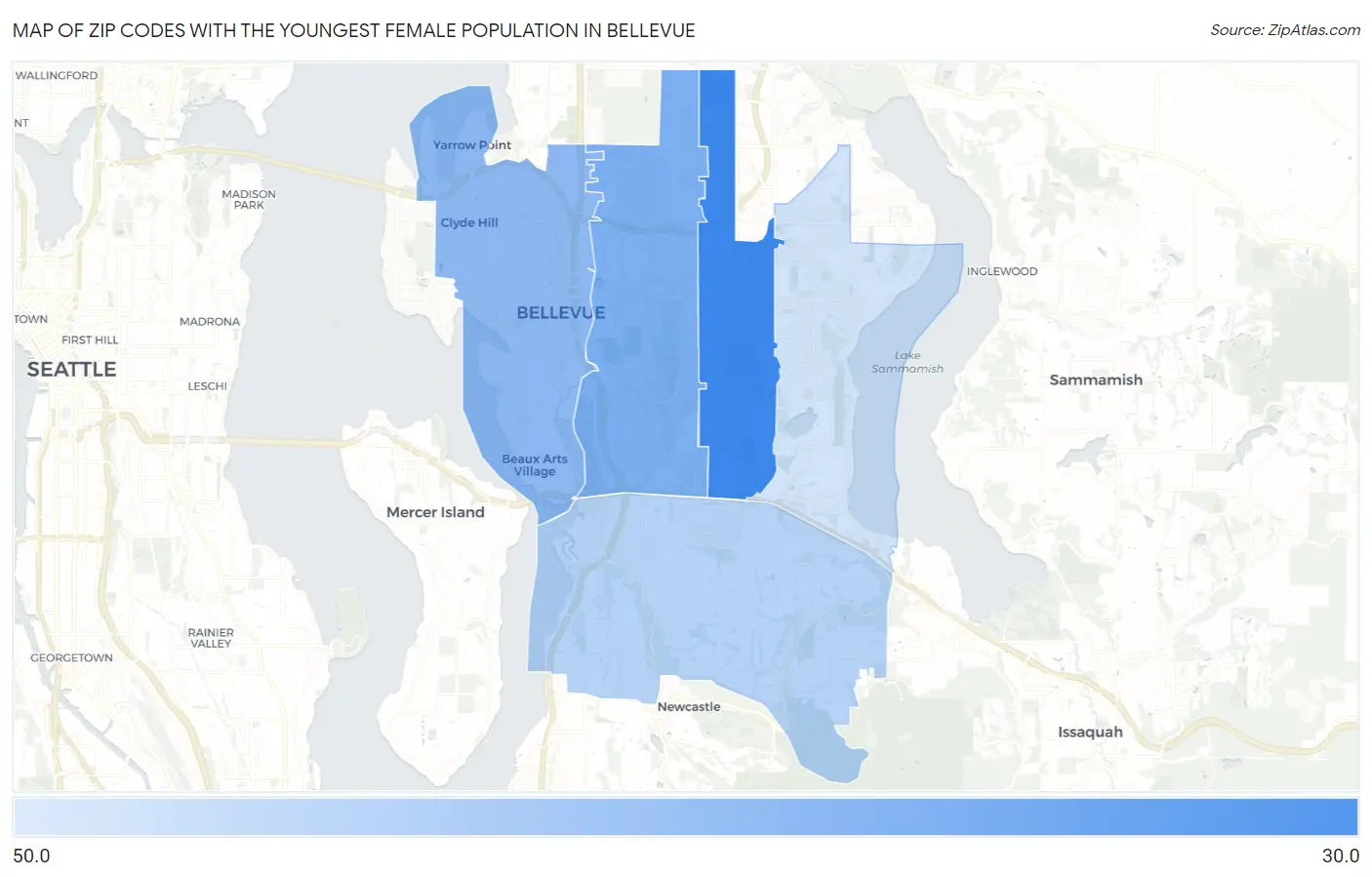 Zip Codes with the Youngest Female Population in Bellevue Map