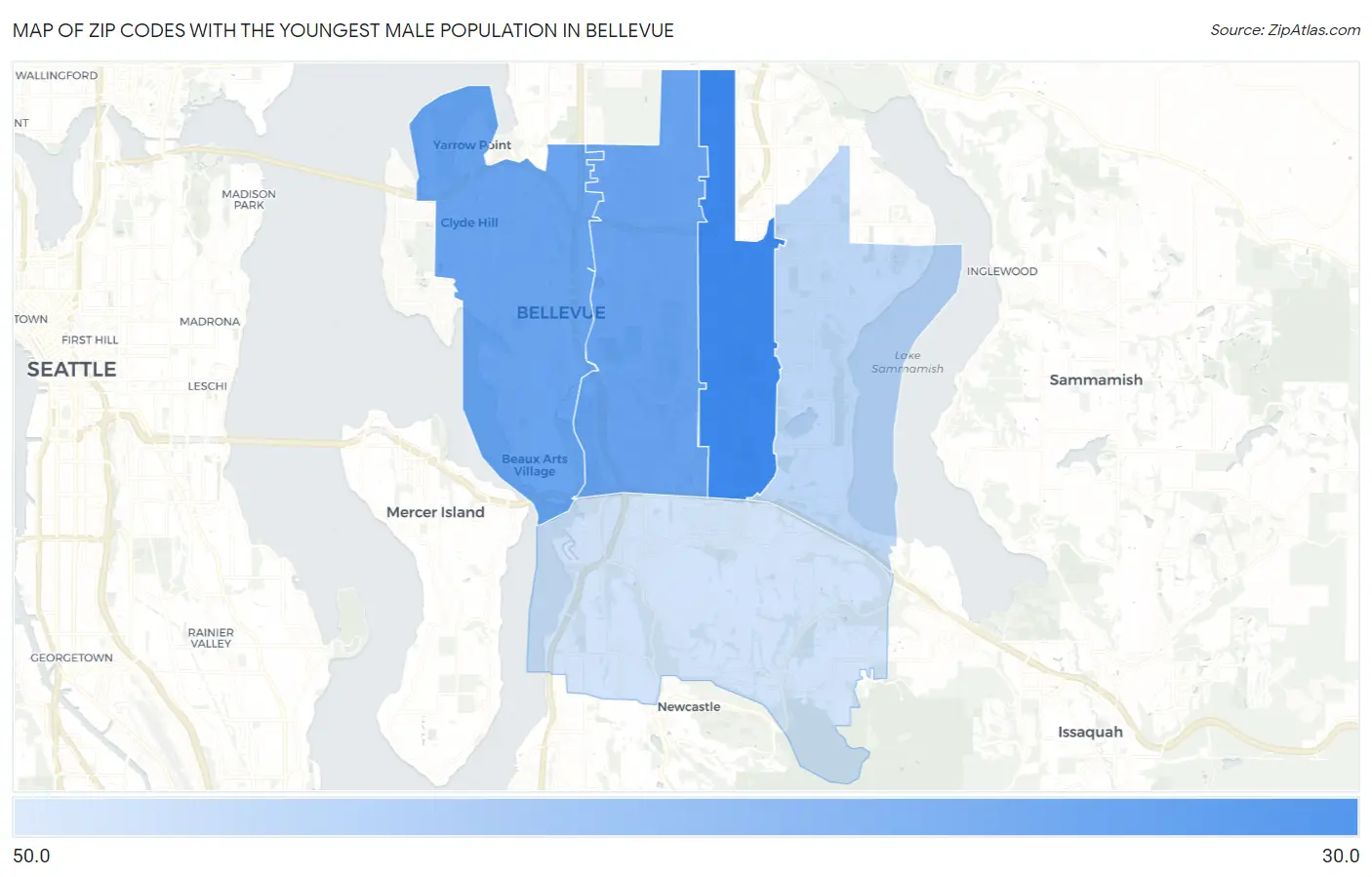 Zip Codes with the Youngest Male Population in Bellevue Map