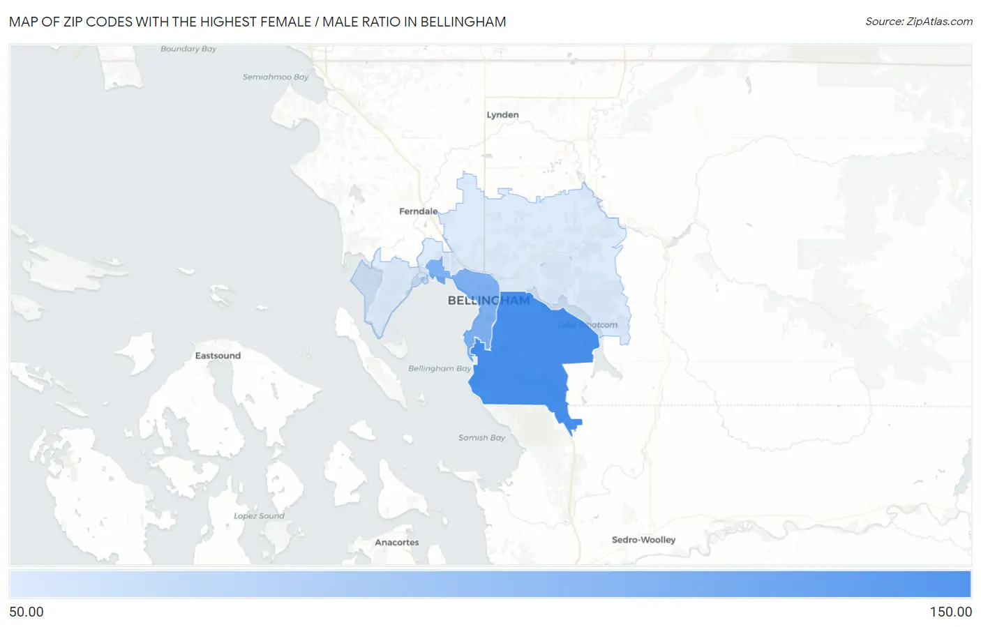 Zip Codes with the Highest Female / Male Ratio in Bellingham Map