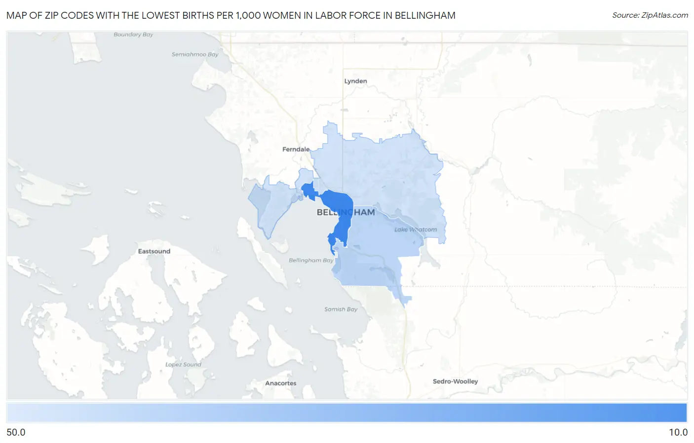 Zip Codes with the Lowest Births per 1,000 Women in Labor Force in Bellingham Map