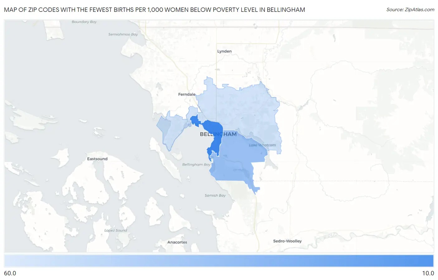Zip Codes with the Fewest Births per 1,000 Women Below Poverty Level in Bellingham Map