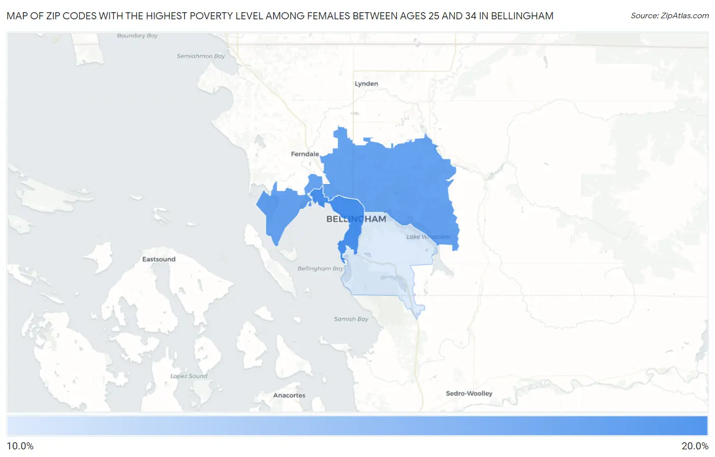 Zip Codes with the Highest Poverty Level Among Females Between Ages 25 and 34 in Bellingham Map