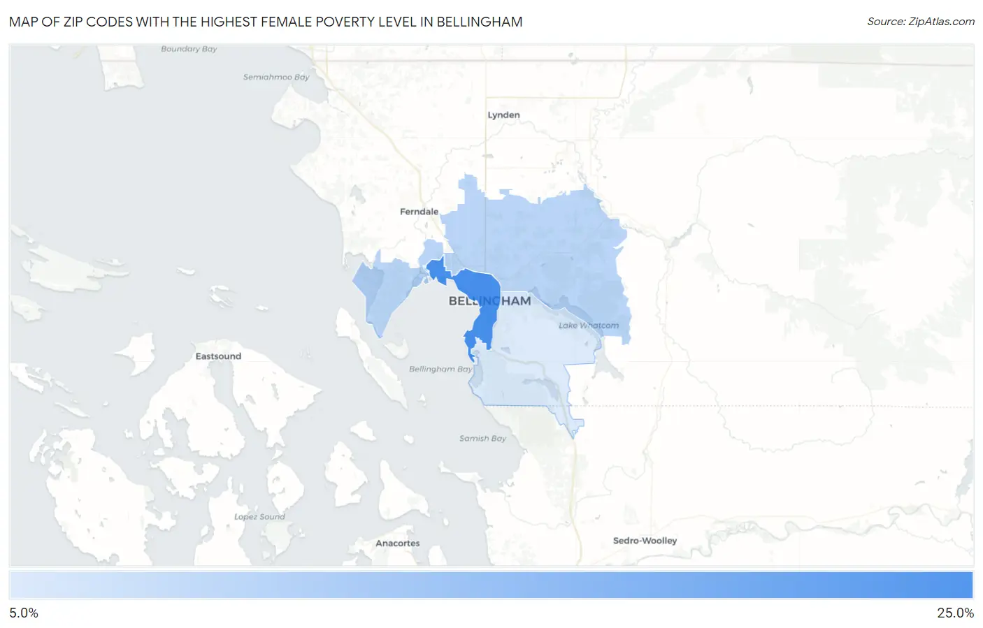 Zip Codes with the Highest Female Poverty Level in Bellingham Map