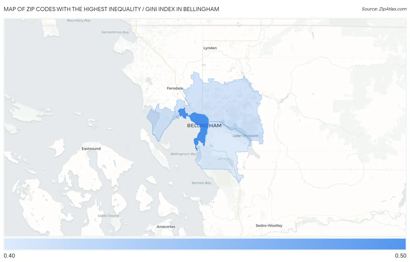 Zip Codes with the Highest Inequality / Gini Index in Bellingham Map