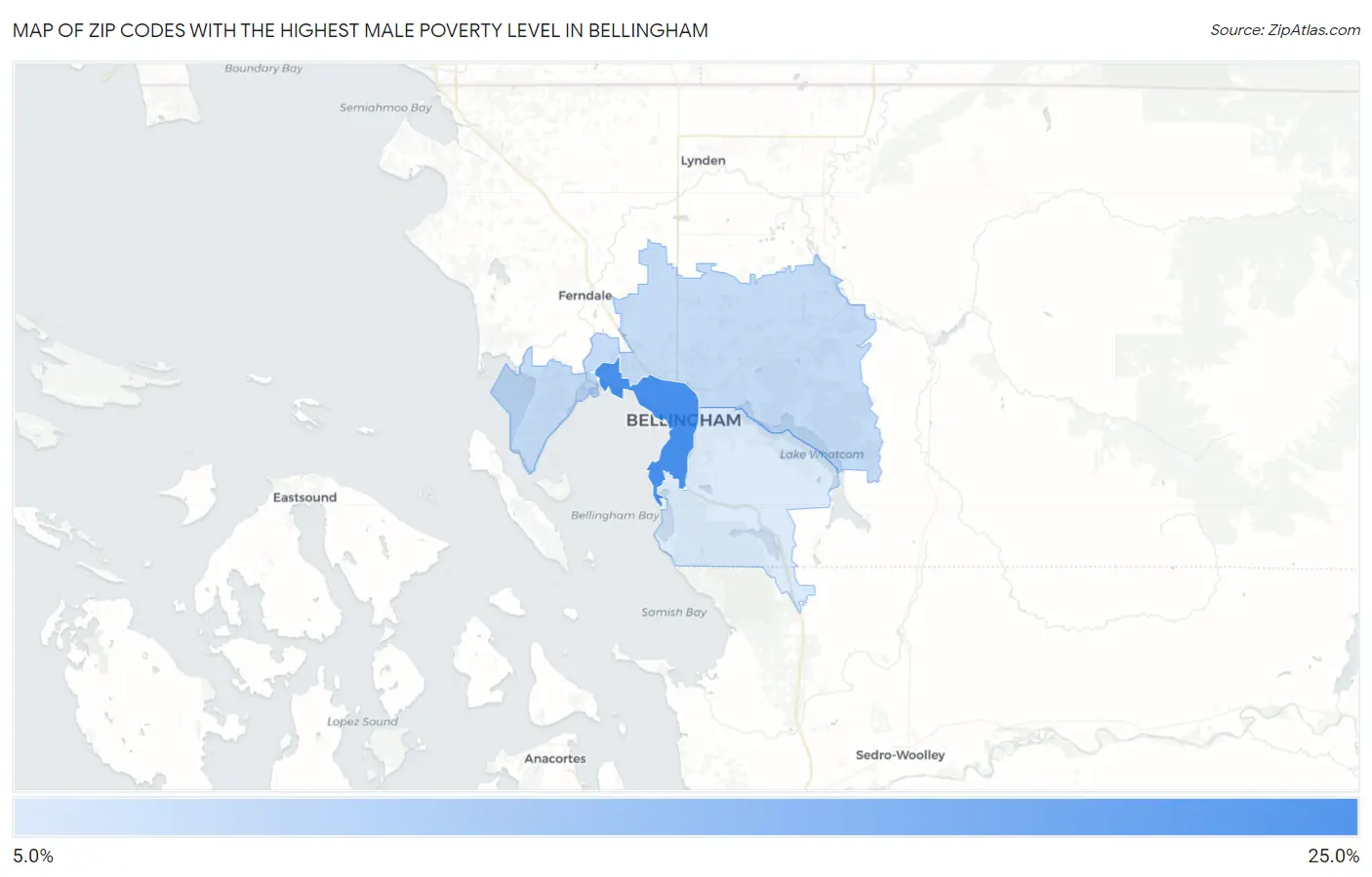 Zip Codes with the Highest Male Poverty Level in Bellingham Map