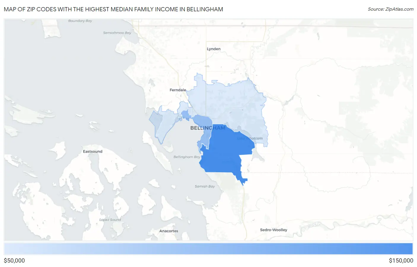 Zip Codes with the Highest Median Family Income in Bellingham Map