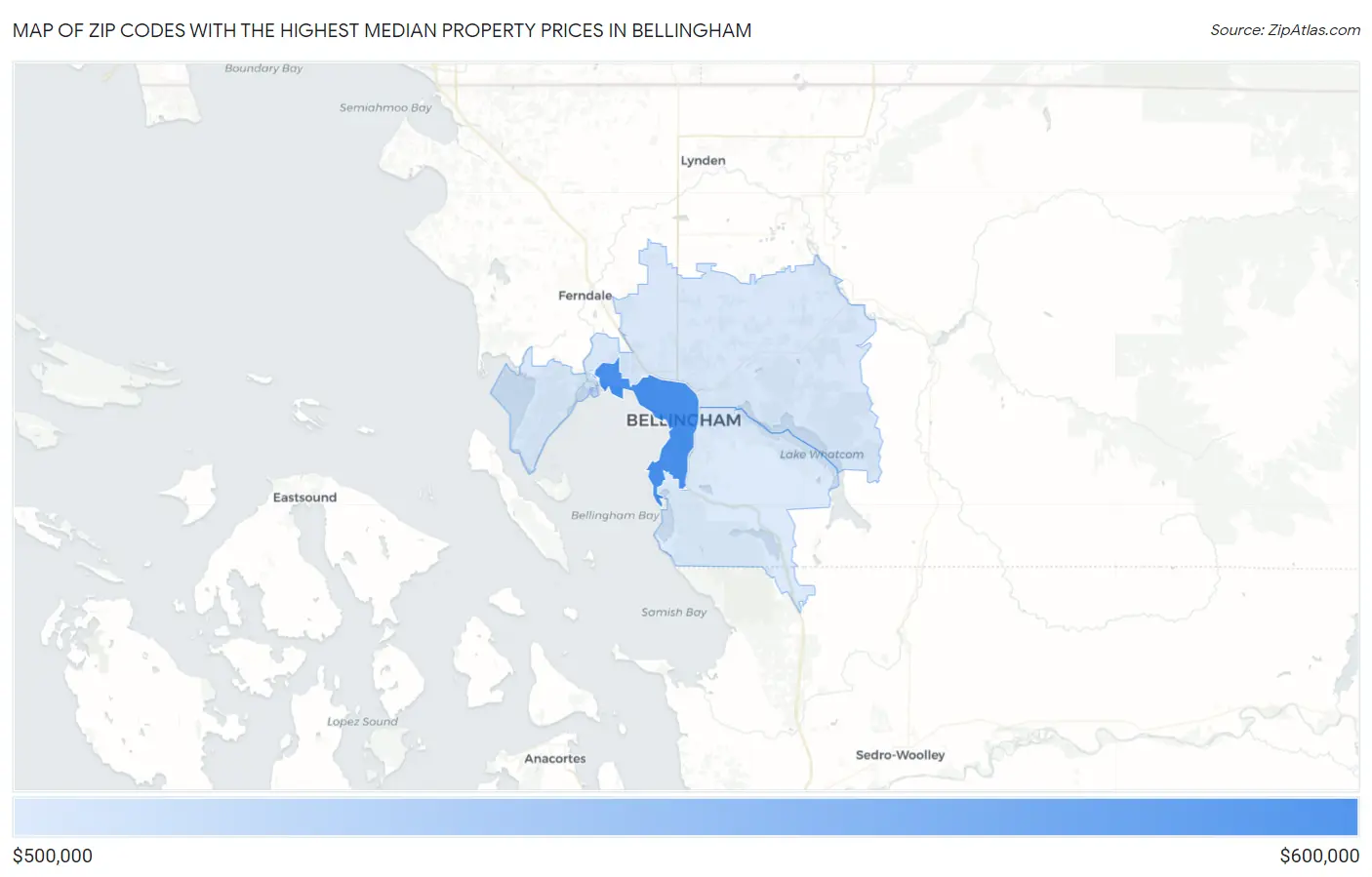 Zip Codes with the Highest Median Property Prices in Bellingham Map