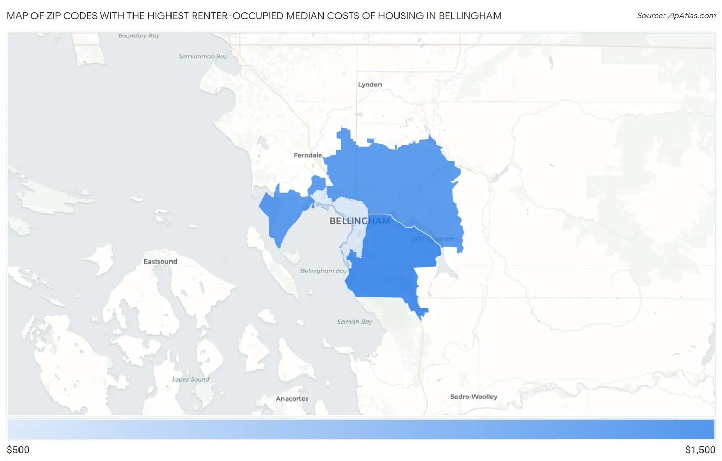 Zip Codes with the Highest Renter-Occupied Median Costs of Housing in Bellingham Map