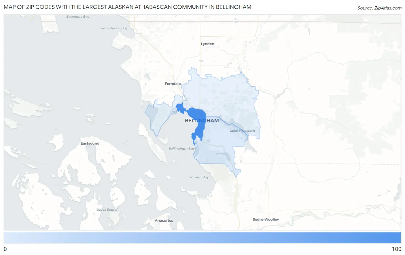 Zip Codes with the Largest Alaskan Athabascan Community in Bellingham Map