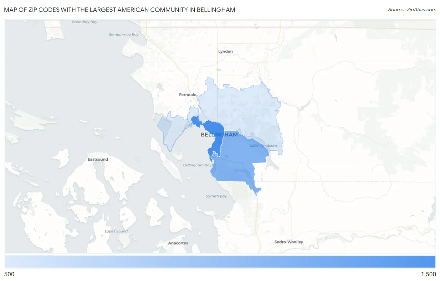 Zip Codes with the Largest American Community in Bellingham Map
