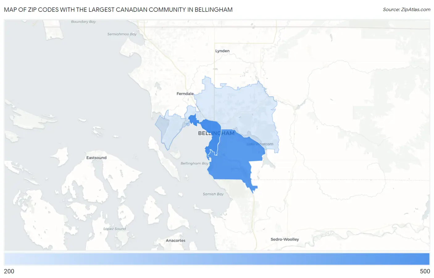 Zip Codes with the Largest Canadian Community in Bellingham Map