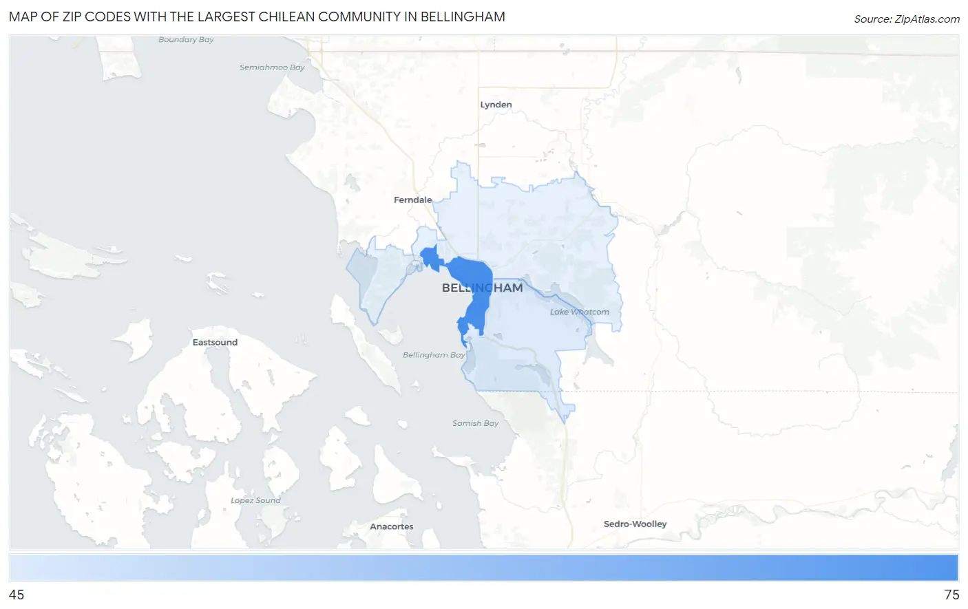 Zip Codes with the Largest Chilean Community in Bellingham Map