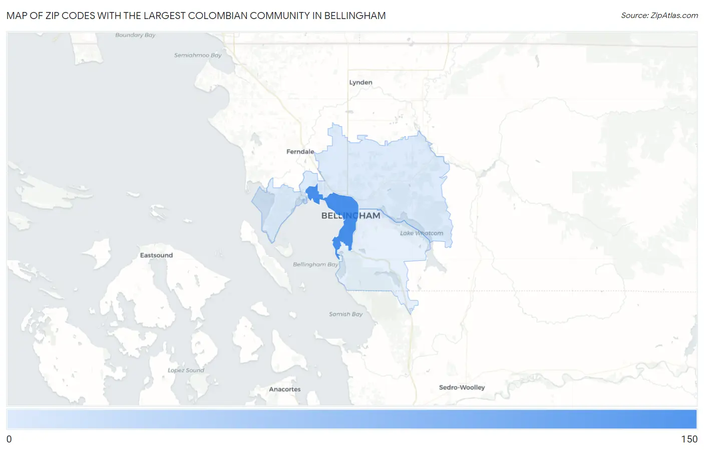 Zip Codes with the Largest Colombian Community in Bellingham Map