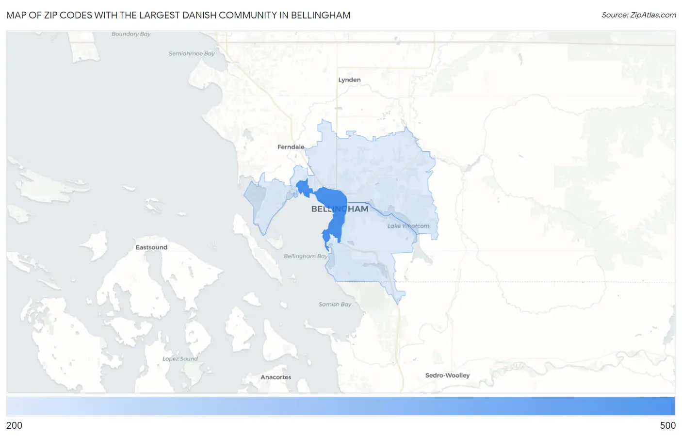 Zip Codes with the Largest Danish Community in Bellingham Map