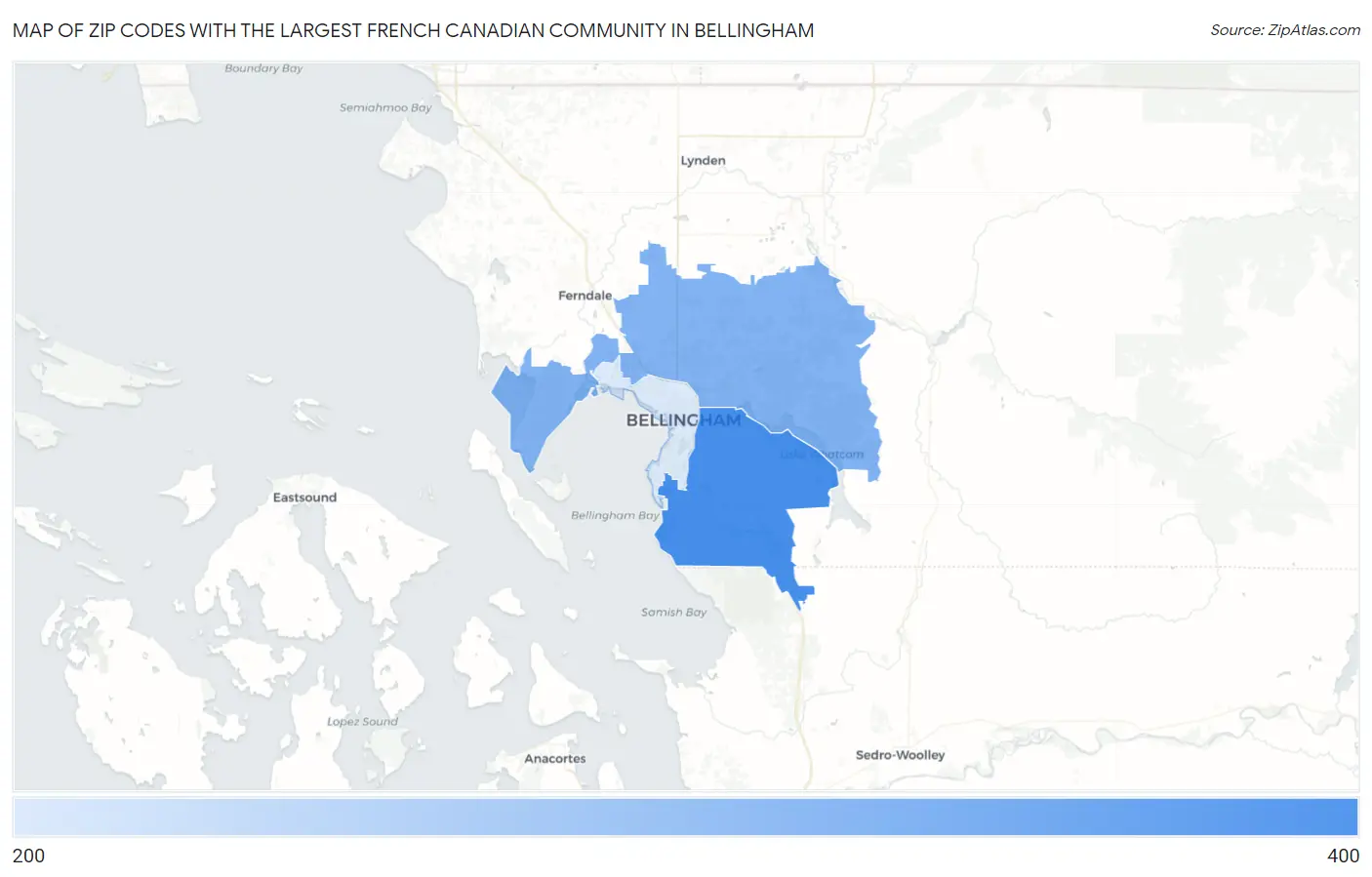 Zip Codes with the Largest French Canadian Community in Bellingham Map