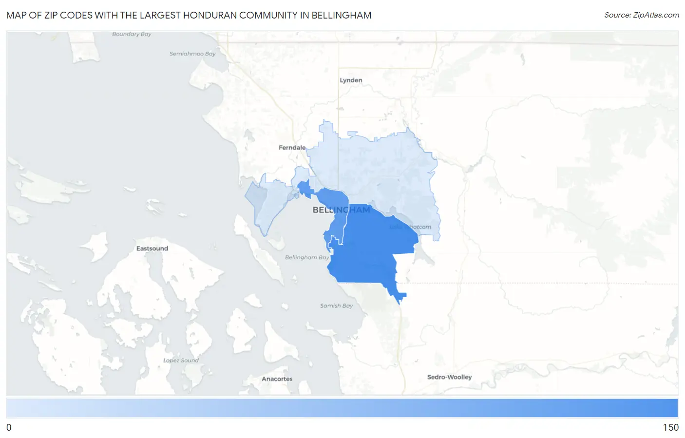 Zip Codes with the Largest Honduran Community in Bellingham Map