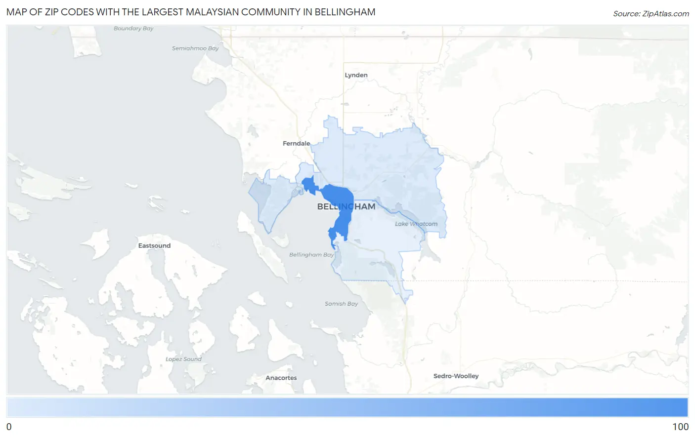 Zip Codes with the Largest Malaysian Community in Bellingham Map