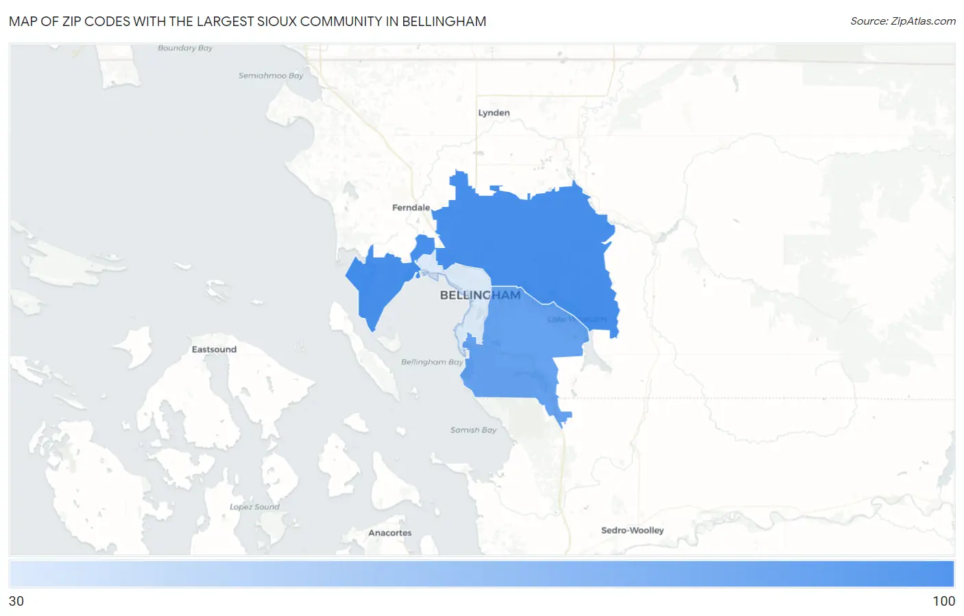 Zip Codes with the Largest Sioux Community in Bellingham Map