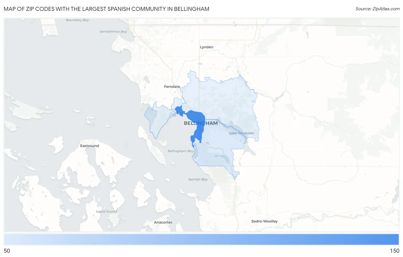 Zip Codes with the Largest Spanish Community in Bellingham Map