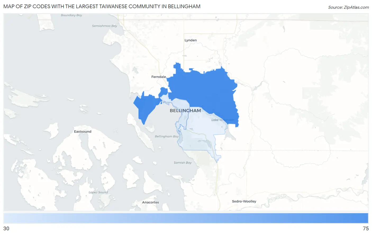 Zip Codes with the Largest Taiwanese Community in Bellingham Map
