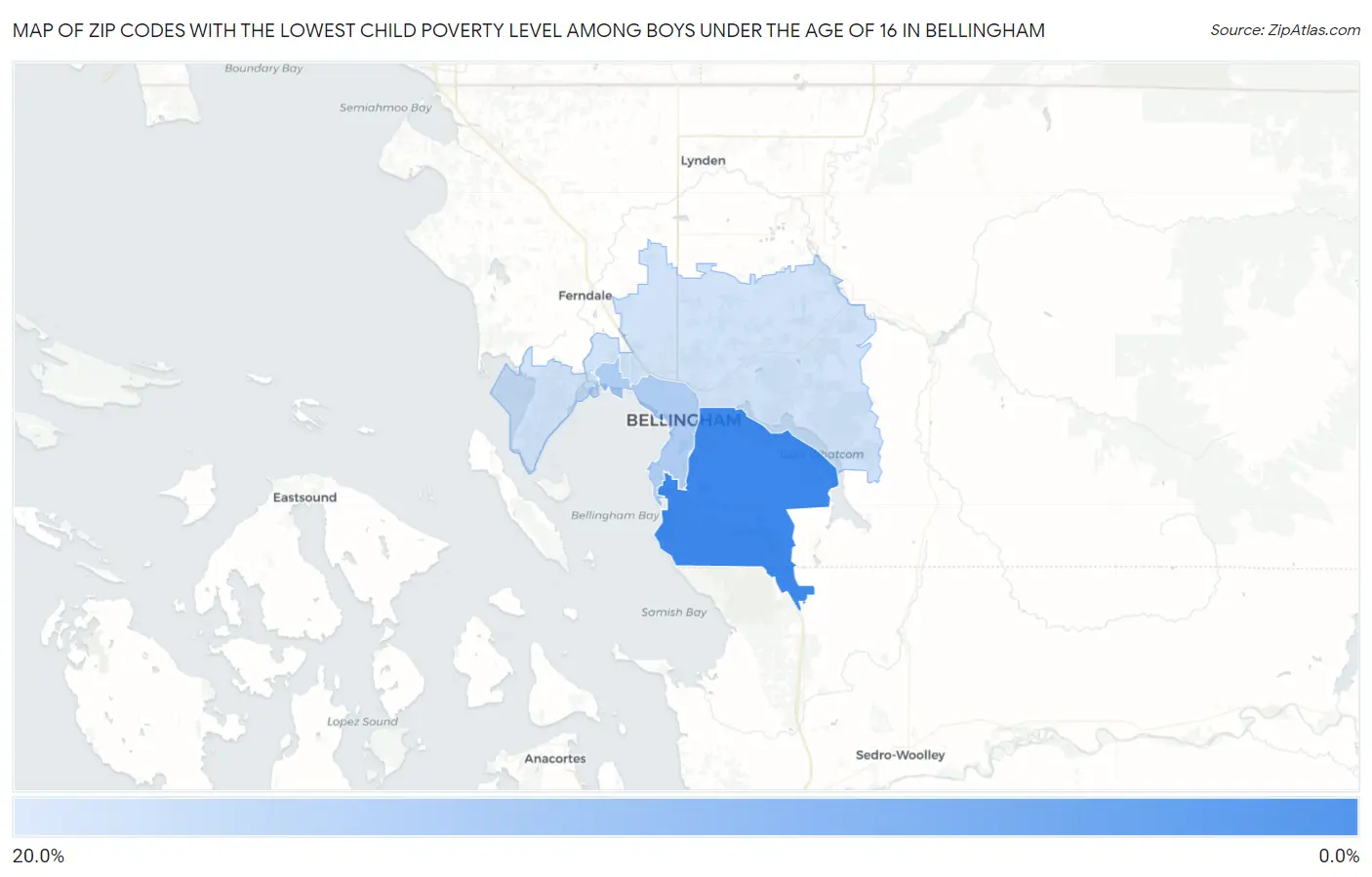 Zip Codes with the Lowest Child Poverty Level Among Boys Under the Age of 16 in Bellingham Map