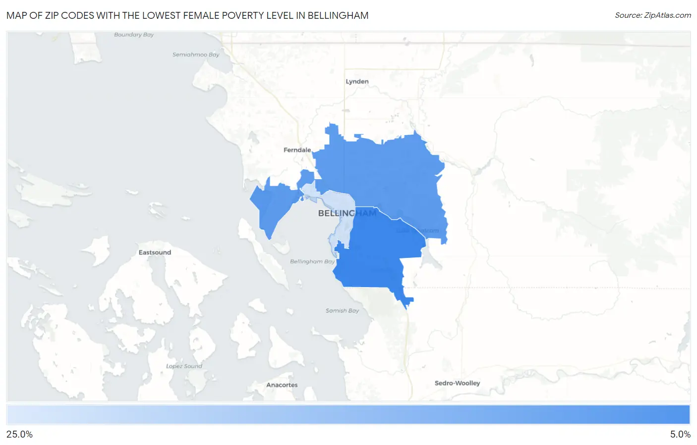 Zip Codes with the Lowest Female Poverty Level in Bellingham Map