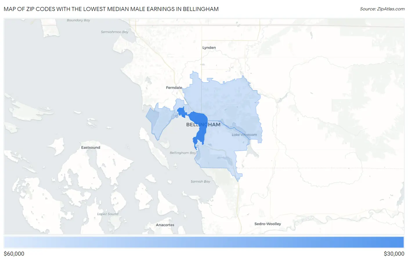 Zip Codes with the Lowest Median Male Earnings in Bellingham Map