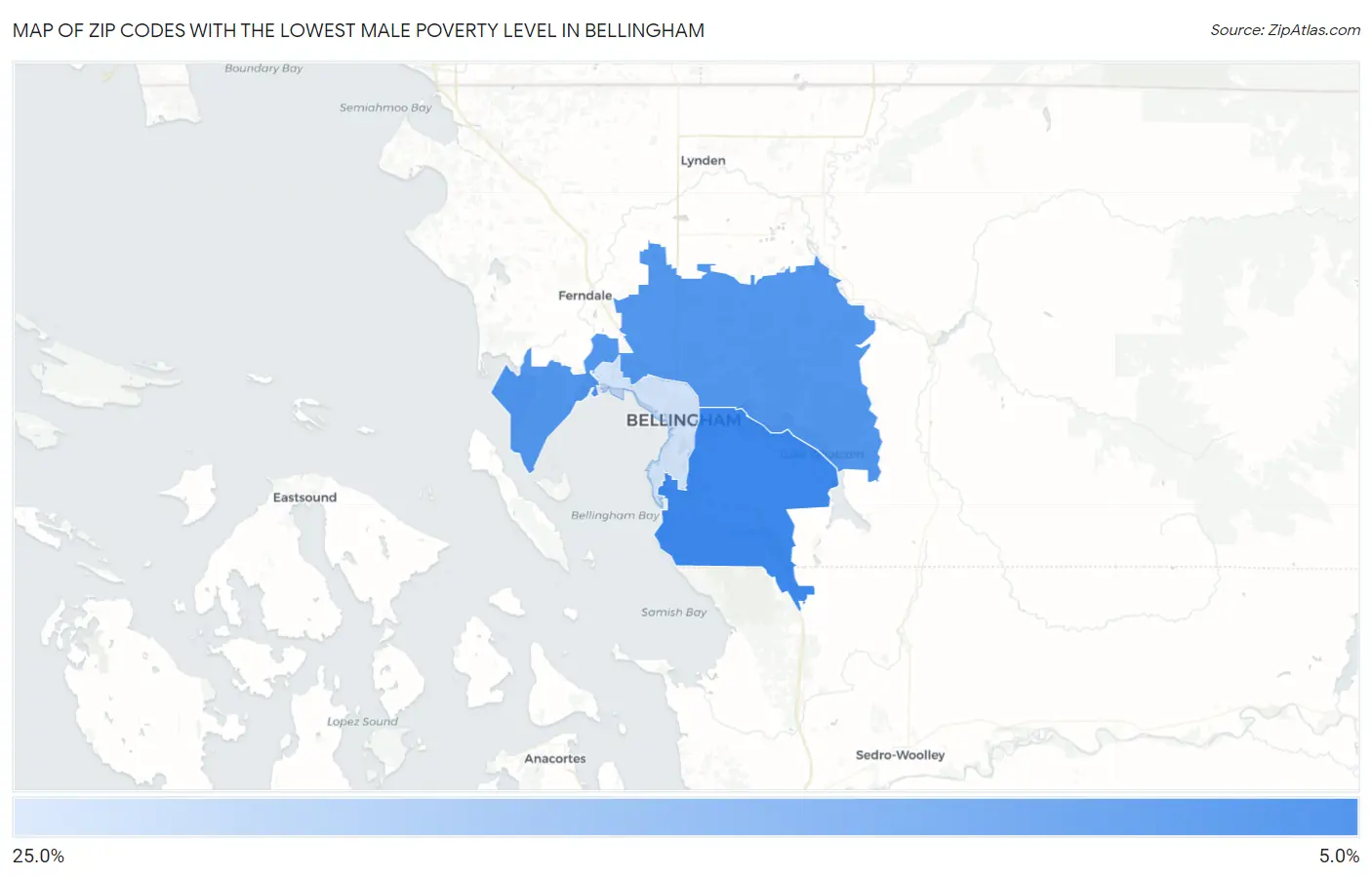 Zip Codes with the Lowest Male Poverty Level in Bellingham Map