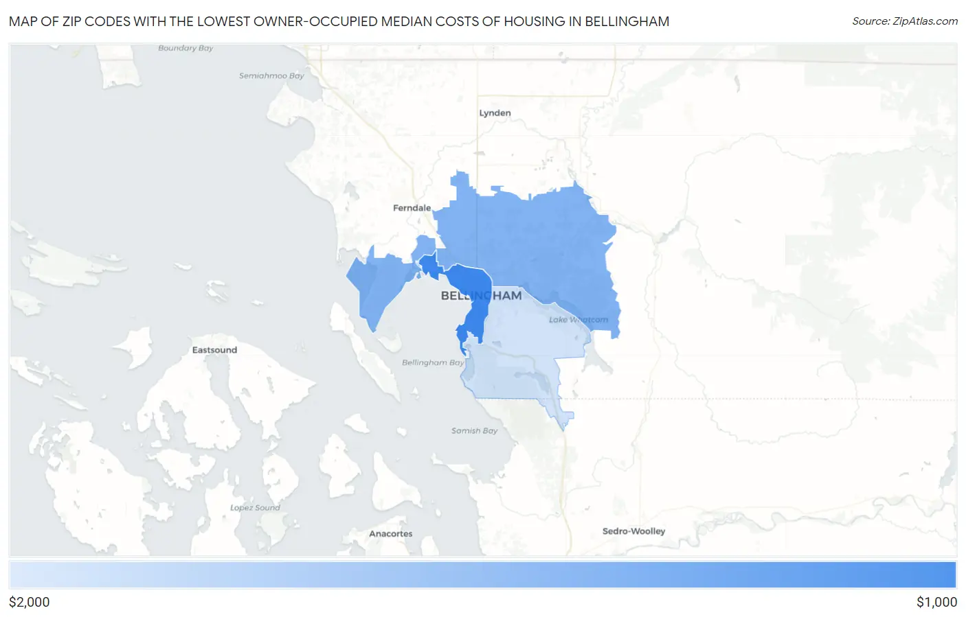Zip Codes with the Lowest Owner-Occupied Median Costs of Housing in Bellingham Map