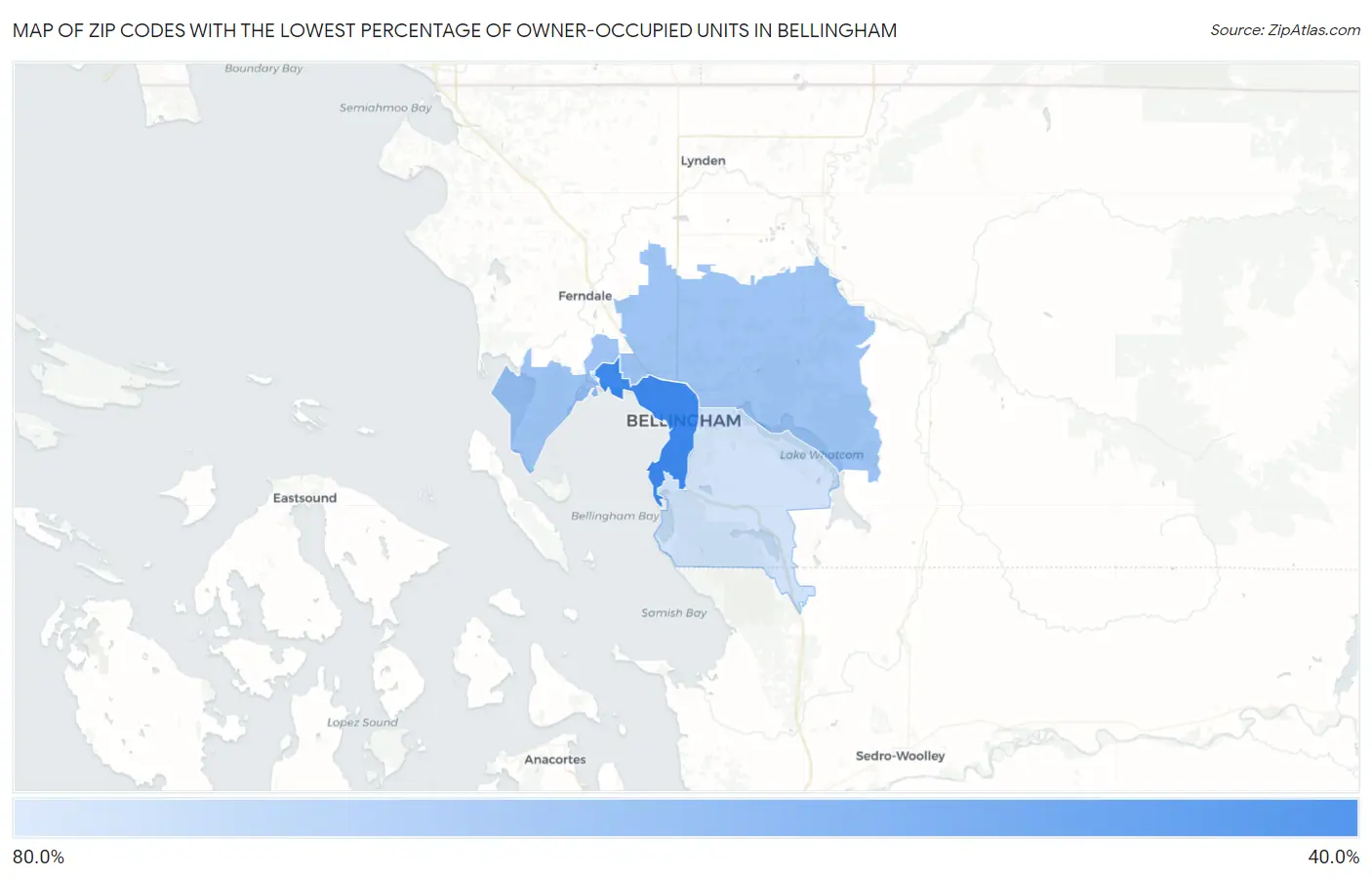 Zip Codes with the Lowest Percentage of Owner-Occupied Units in Bellingham Map