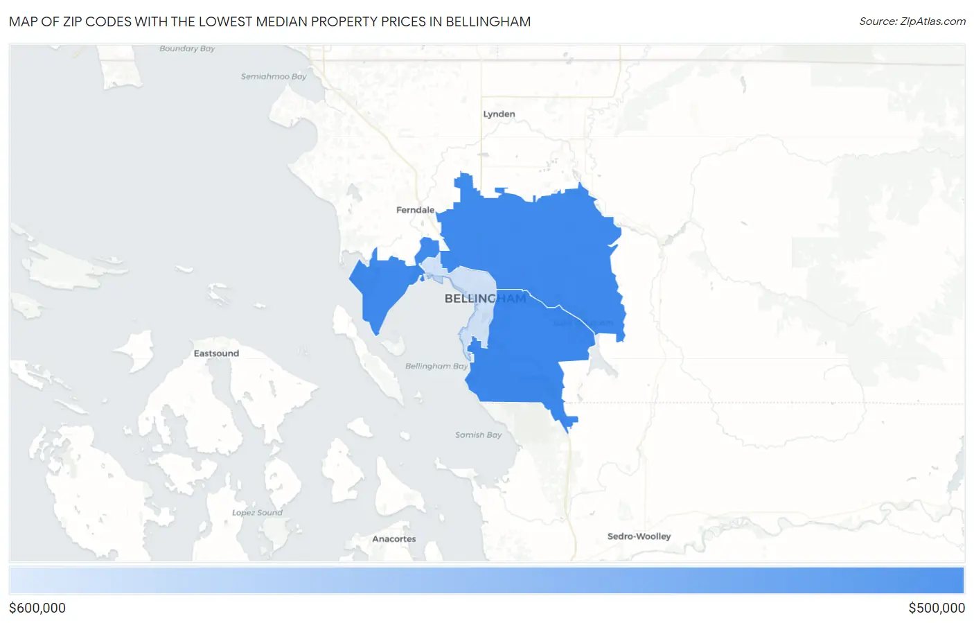 Zip Codes with the Lowest Median Property Prices in Bellingham Map