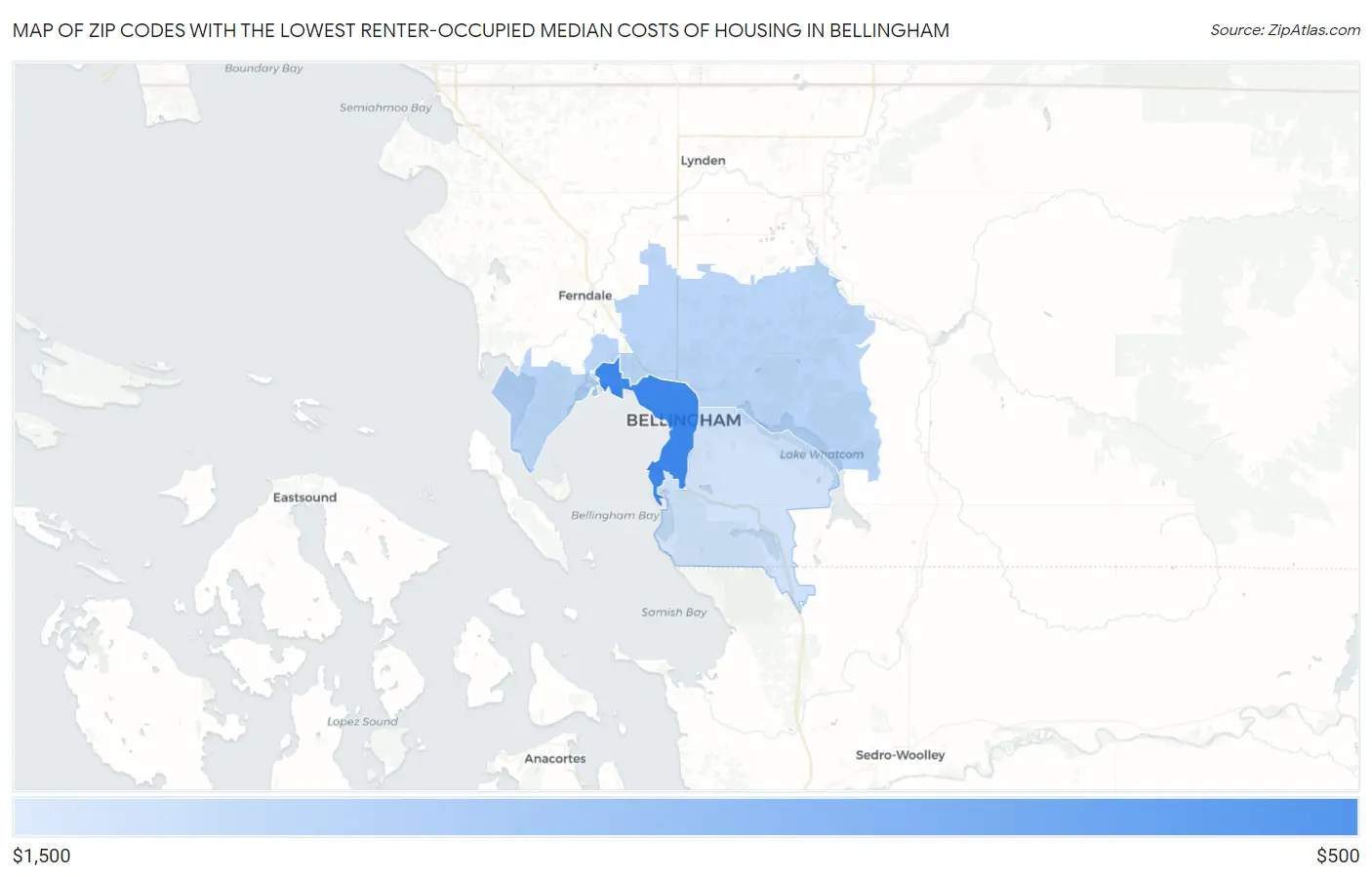 Zip Codes with the Lowest Renter-Occupied Median Costs of Housing in Bellingham Map