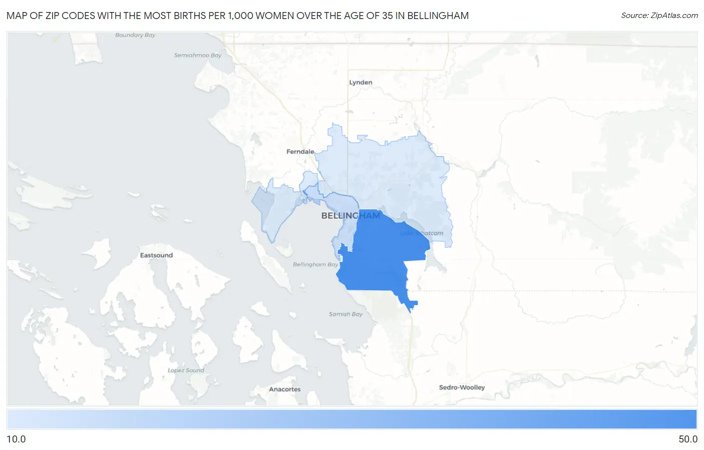 Zip Codes with the Most Births per 1,000 Women Over the Age of 35 in Bellingham Map