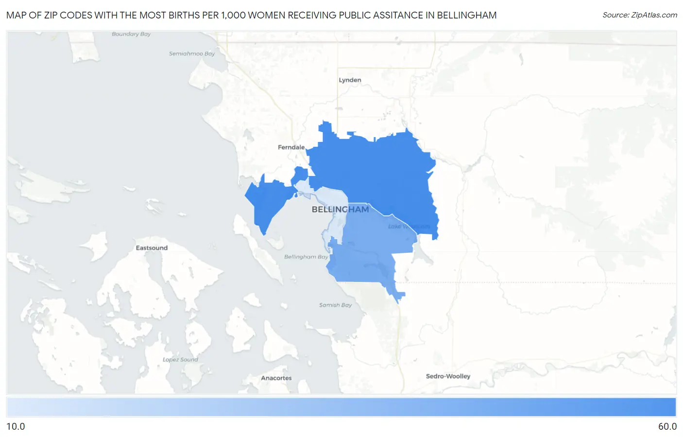 Zip Codes with the Most Births per 1,000 Women Receiving Public Assitance in Bellingham Map