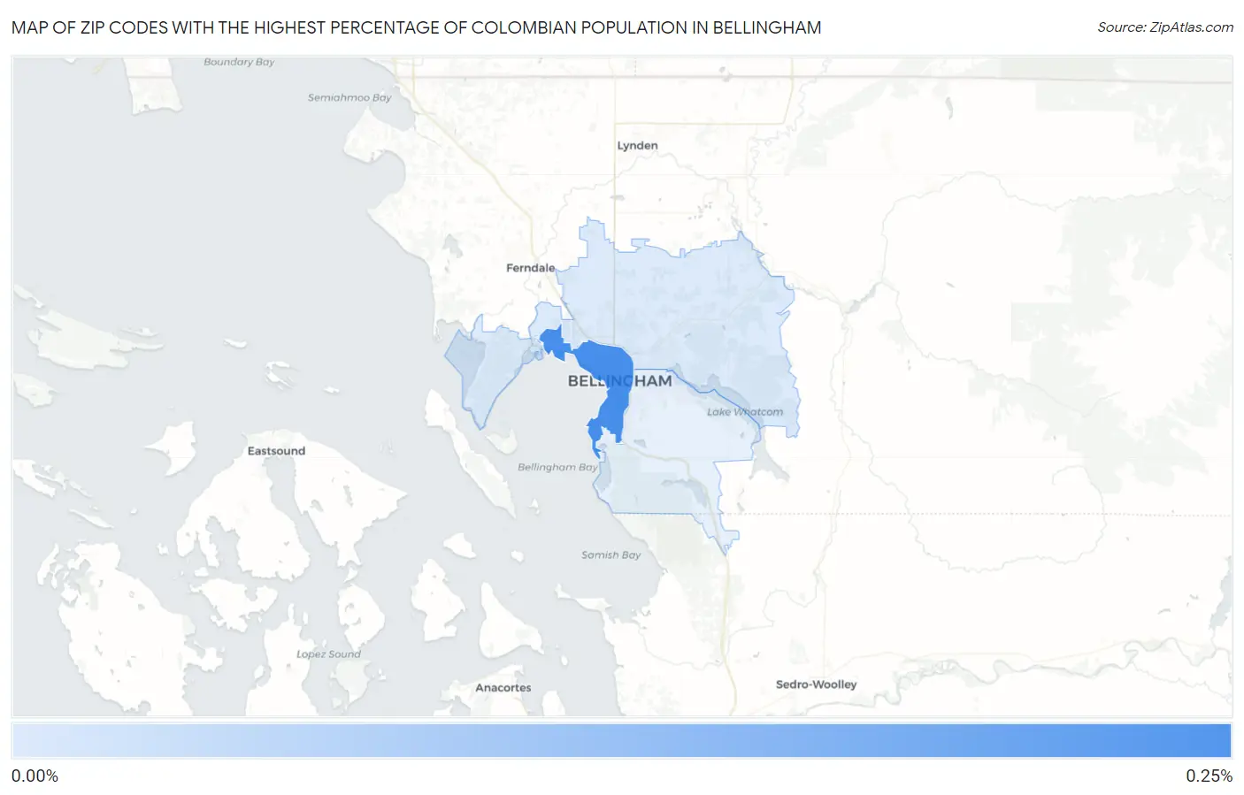 Zip Codes with the Highest Percentage of Colombian Population in Bellingham Map