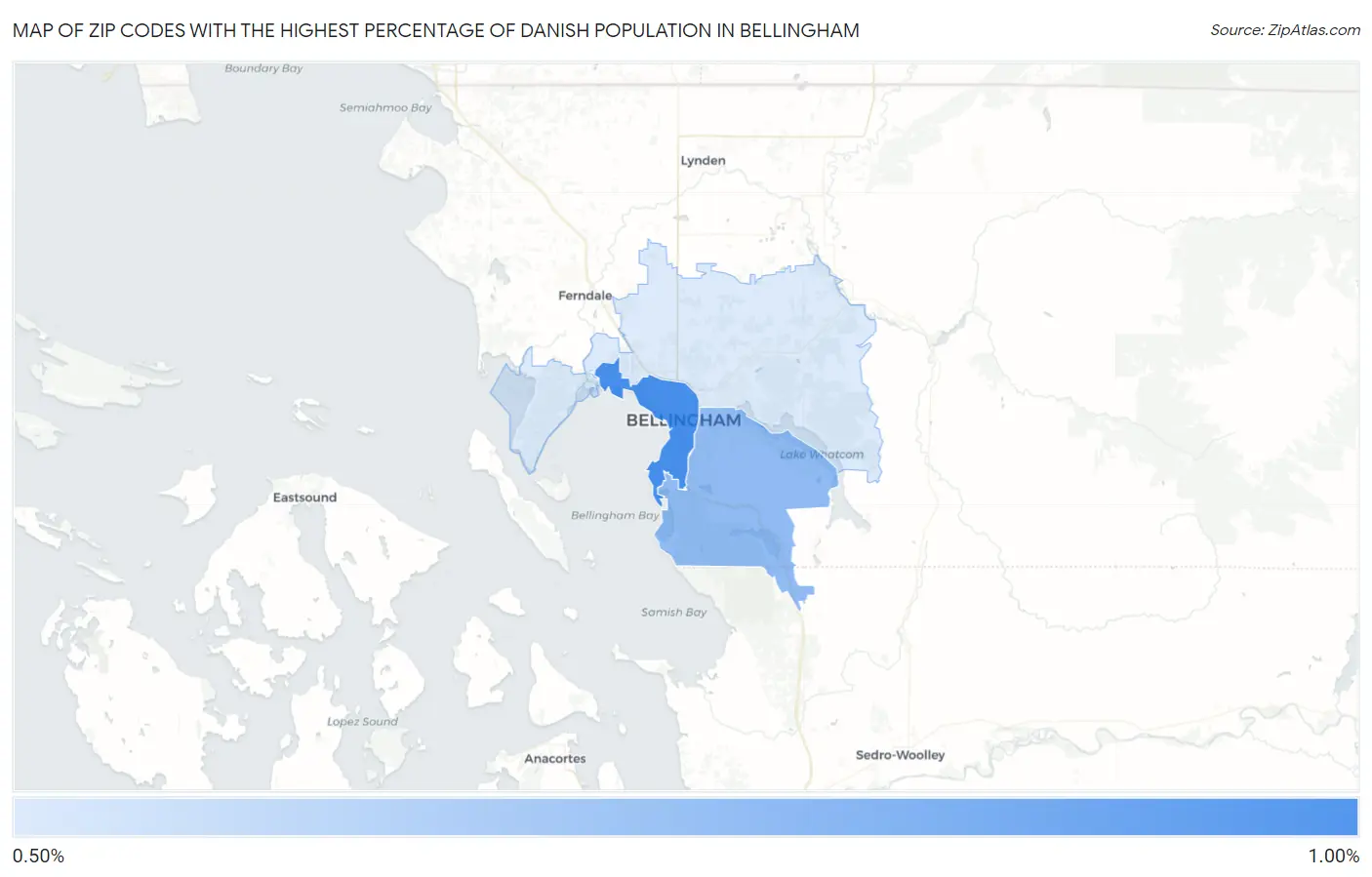 Zip Codes with the Highest Percentage of Danish Population in Bellingham Map