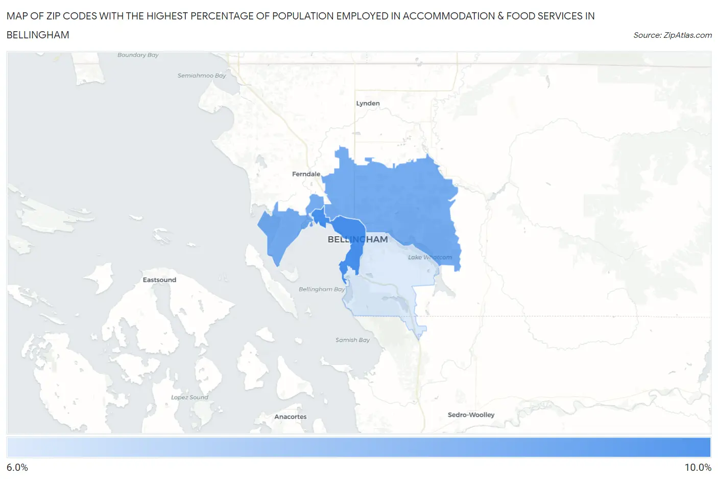 Zip Codes with the Highest Percentage of Population Employed in Accommodation & Food Services in Bellingham Map