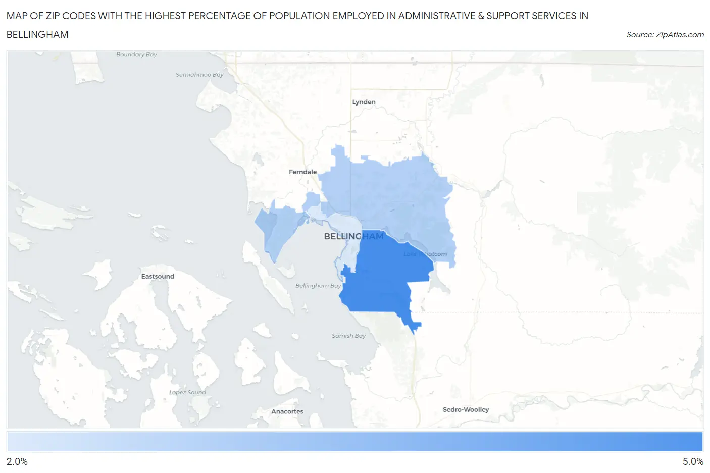 Zip Codes with the Highest Percentage of Population Employed in Administrative & Support Services in Bellingham Map